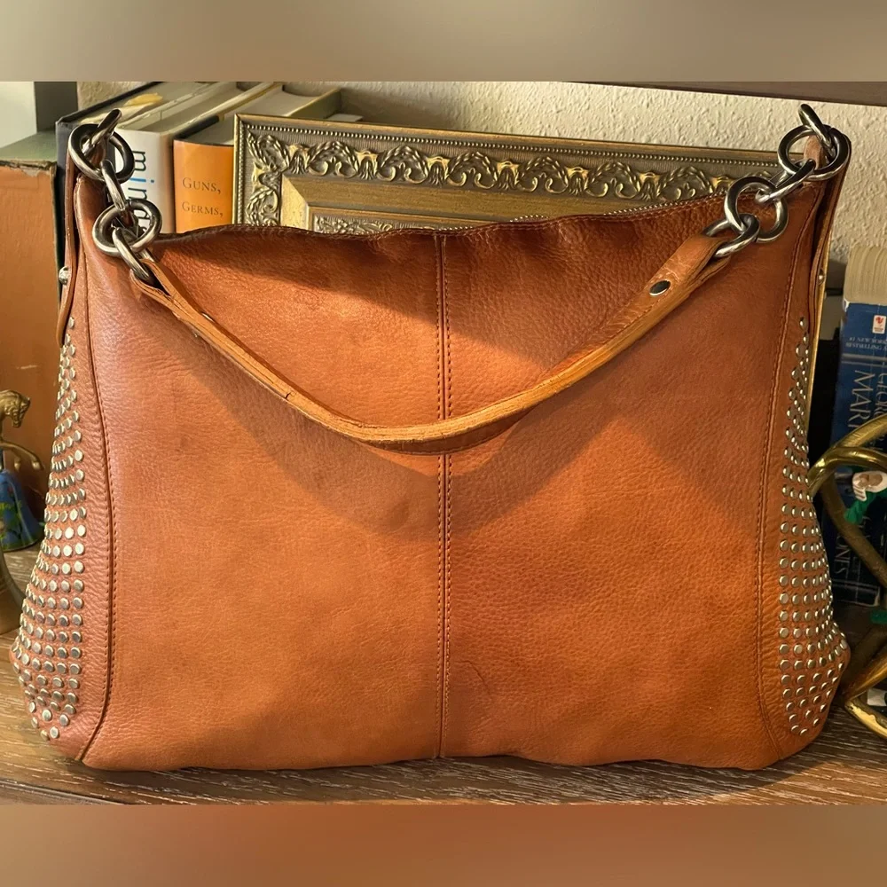 Furla Fantasia Camel Pebbled Leather Silver Tone Studded Shoulder Hobo 15”x 10”